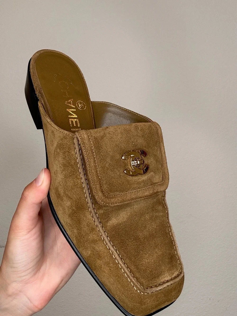 CHANEL Tan Suede Mule Loafers with Gold CC Turnlock Hardware